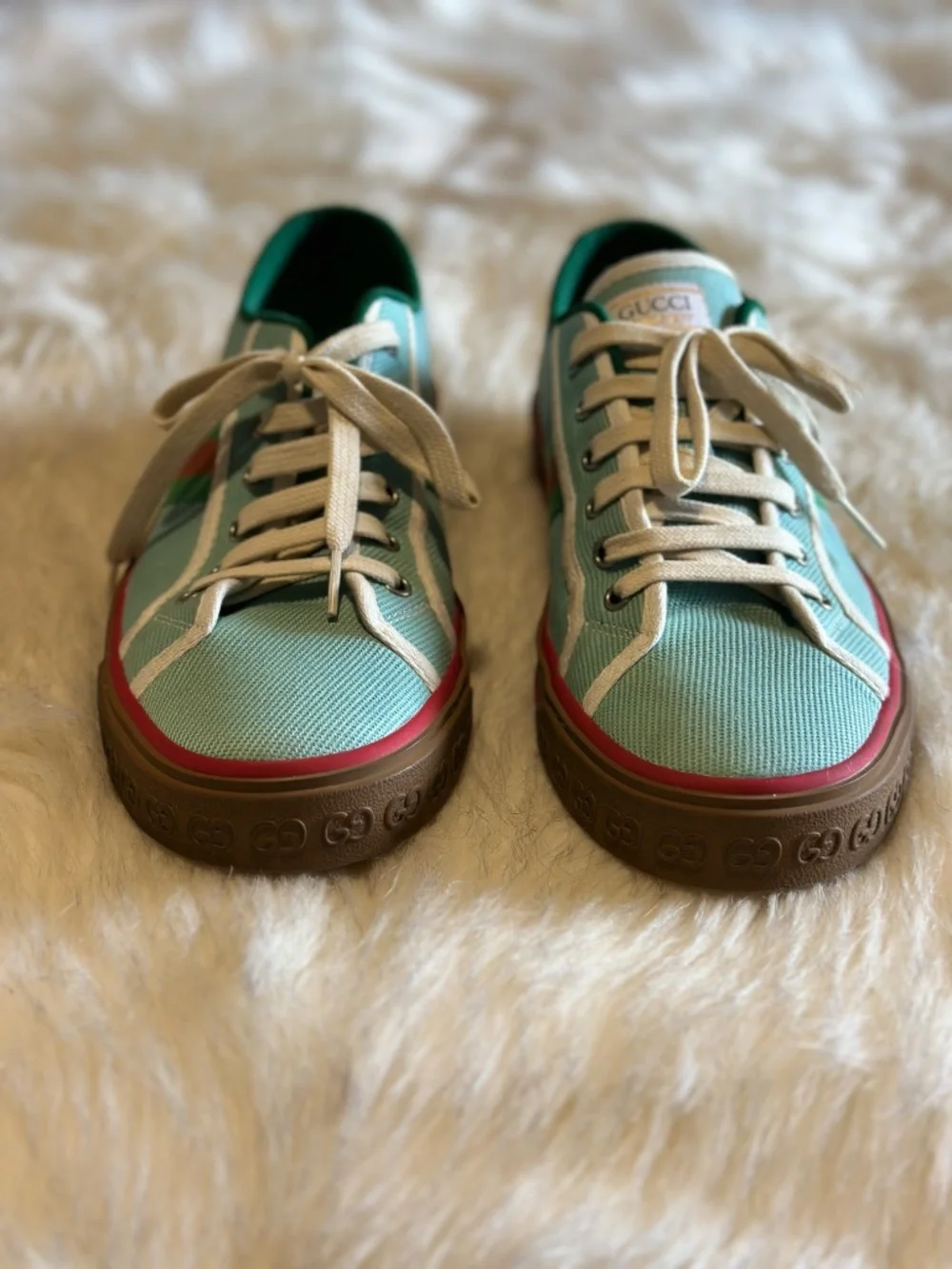 Gucci Tennis 1977 Mint Green Canvas Web Sneakers Size 10